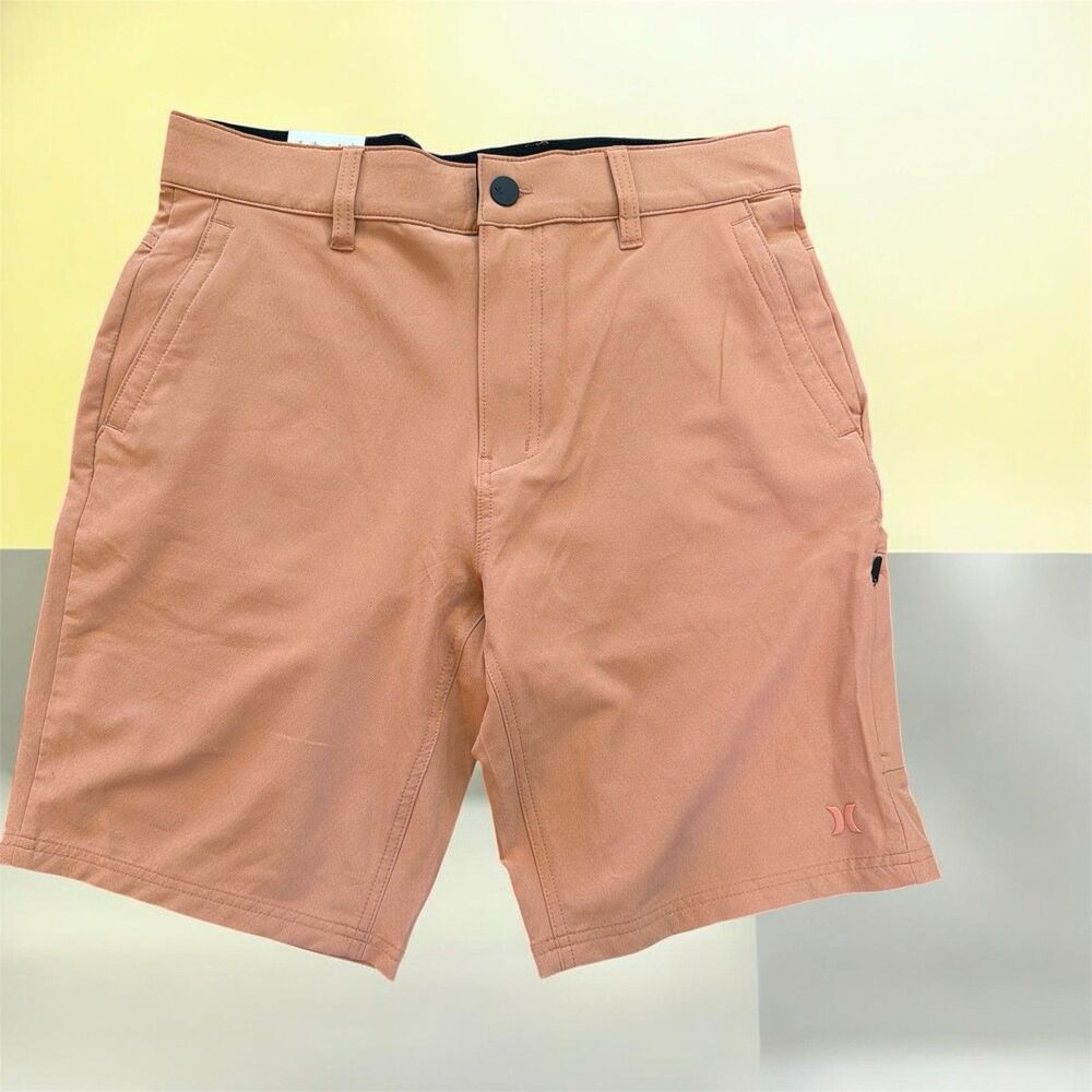 Hurley Men's Hybrid Shorts Orange Stretch Flat Front Zip Logo Solid Poly/Spandex